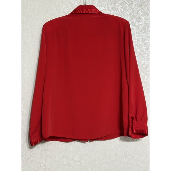 Vintage Christie & Jill Red Button Up Blouse Satin Trim Embroidered Petite 14P - Picture 2 of 9